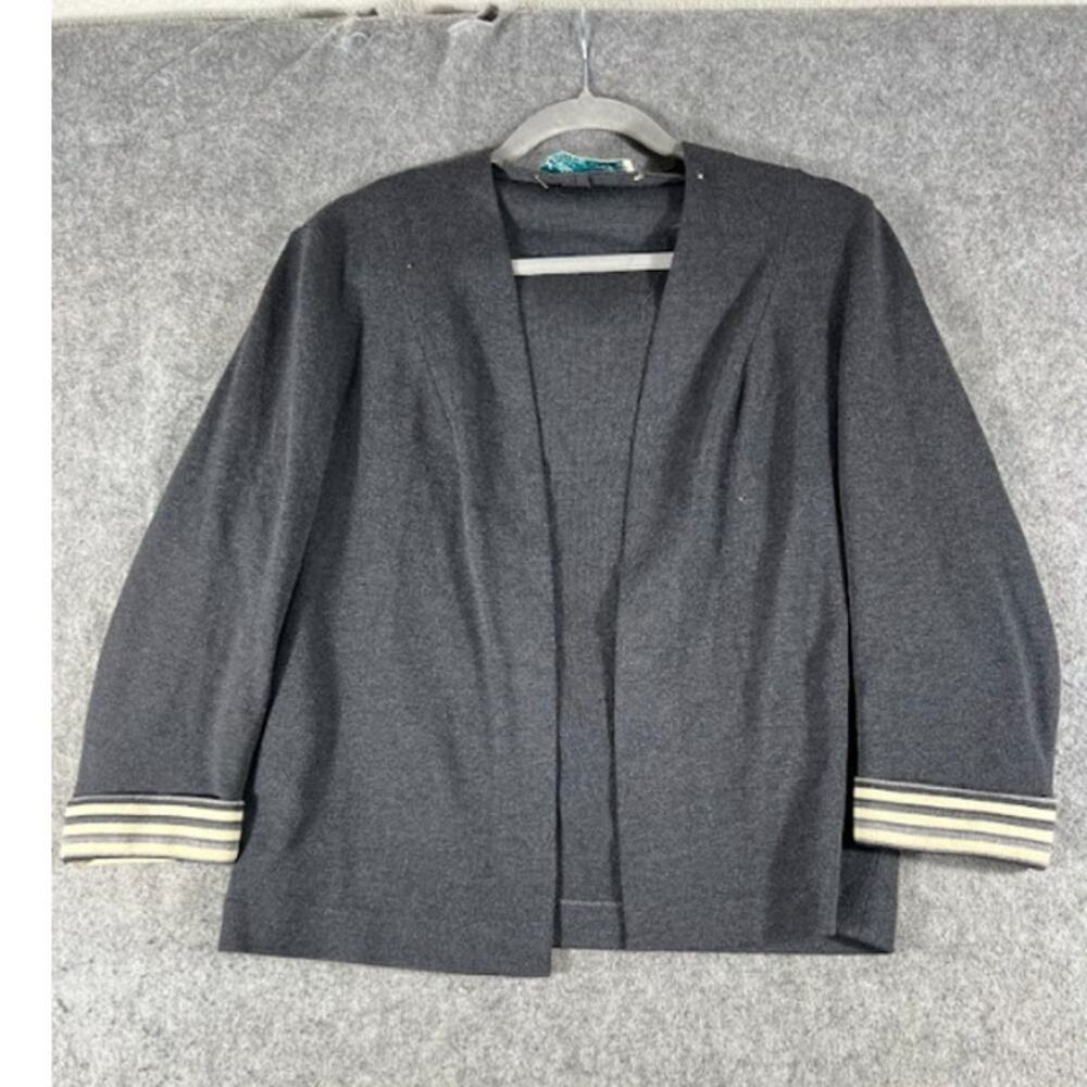 Vintage 60s Promenade Wool Cardigan Women 14 Black Striped Cuff Open Front Indie